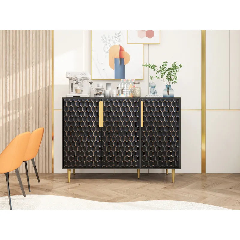 3-Door Storage Cabinet with Adjustable Shelves and Honeycomb Pattern Metal Door
