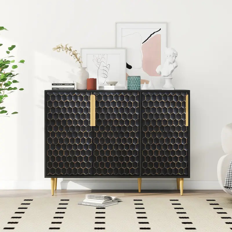 3-Door Storage Cabinet with Adjustable Shelves and Honeycomb Pattern Metal Door