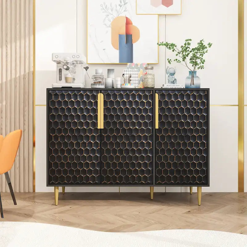 3-Door Storage Cabinet with Adjustable Shelves and Honeycomb Pattern Metal Door