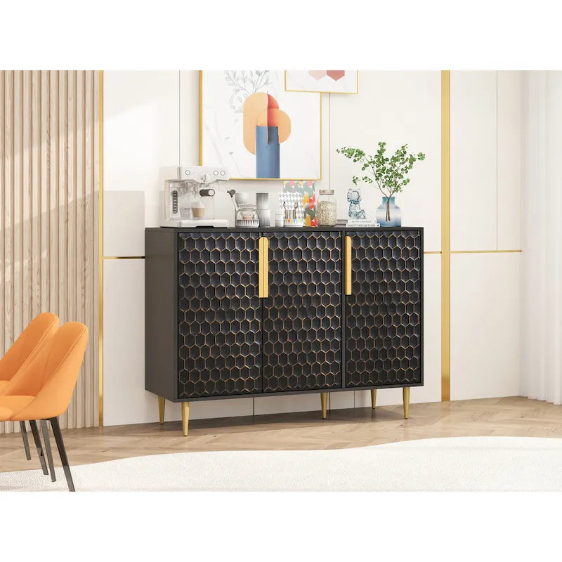 3-Door Storage Cabinet with Adjustable Shelves and Honeycomb Pattern Metal Door
