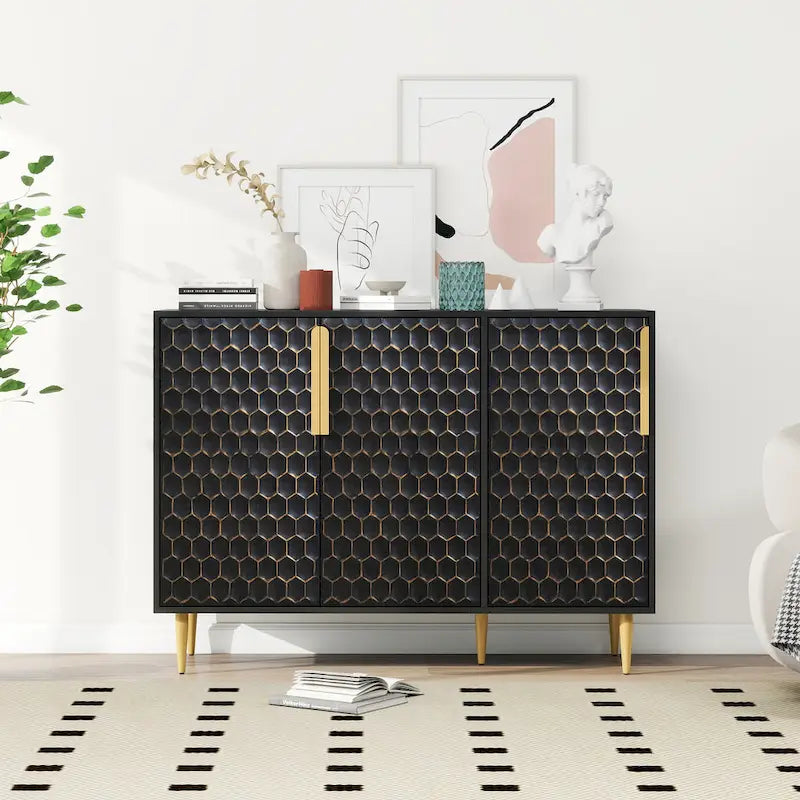 3-Door Storage Cabinet with Adjustable Shelves and Honeycomb Pattern Metal Door