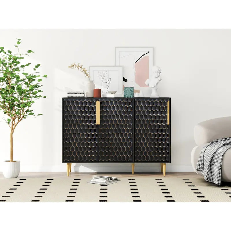 3-Door Storage Cabinet with Adjustable Shelves and Honeycomb Pattern Metal Door