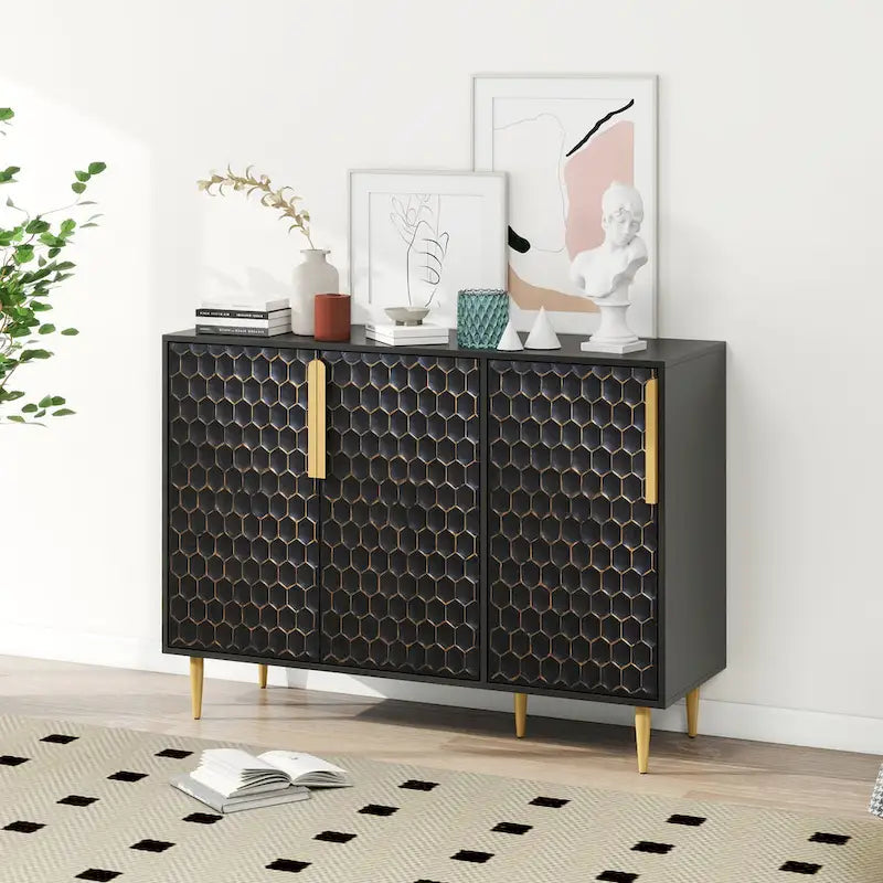 3-Door Storage Cabinet with Adjustable Shelves and Honeycomb Pattern Metal Door
