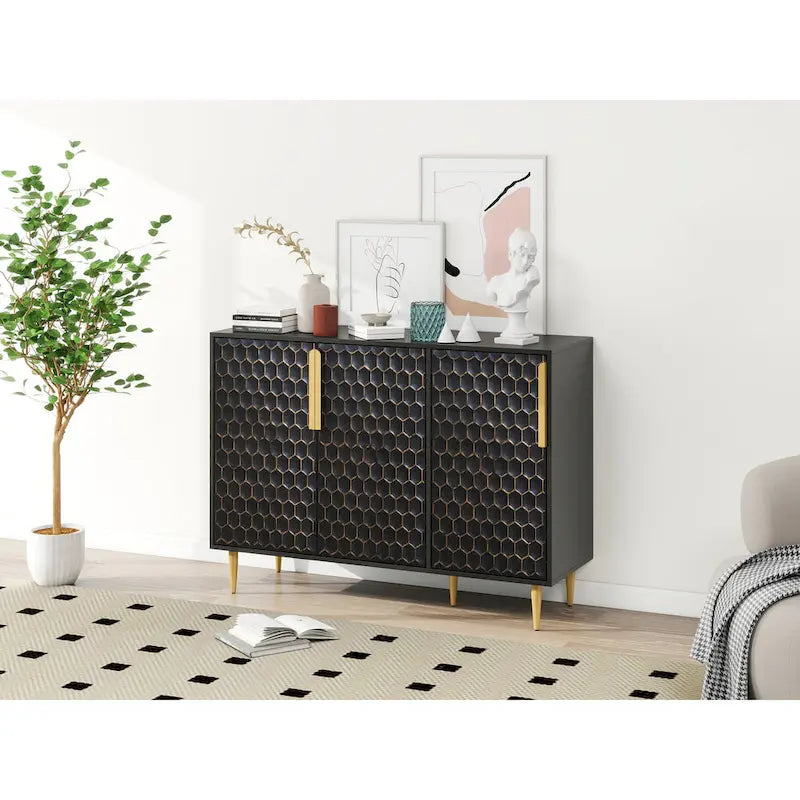 3-Door Storage Cabinet with Adjustable Shelves and Honeycomb Pattern Metal Door
