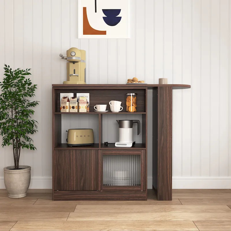 Counter Height Bar Cabinet with Rotating Top and 6 Storage Spaces