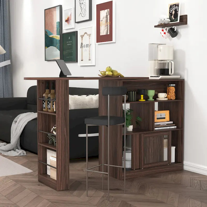 Counter Height Bar Cabinet with Rotating Top and 6 Storage Spaces