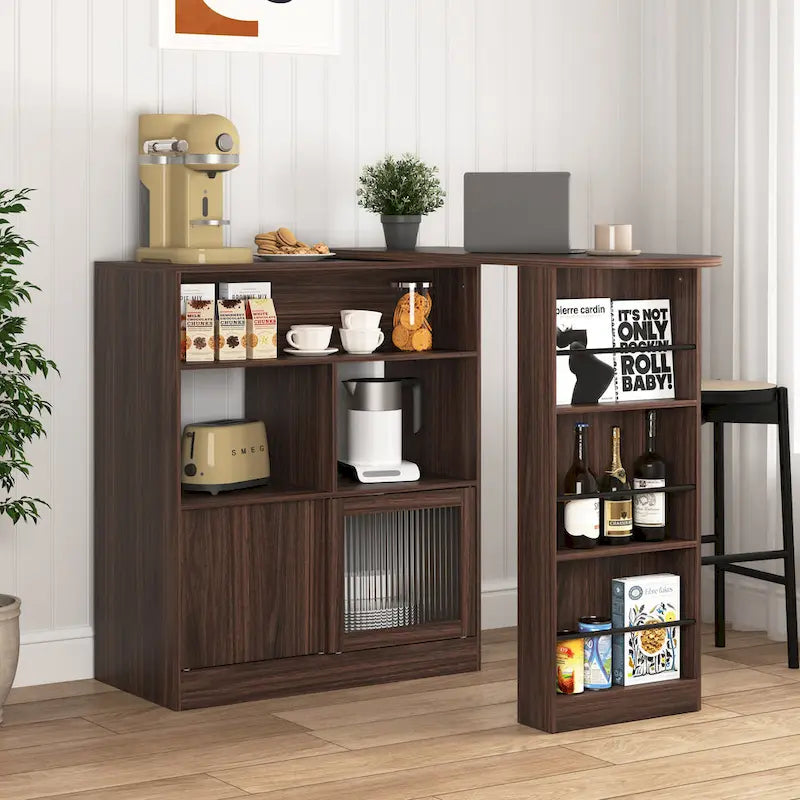 Counter Height Bar Cabinet with Rotating Top and 6 Storage Spaces