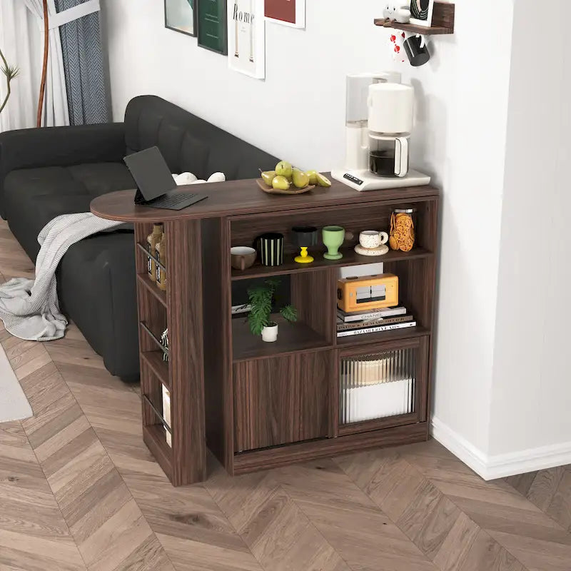 Counter Height Bar Cabinet with Rotating Top and 6 Storage Spaces