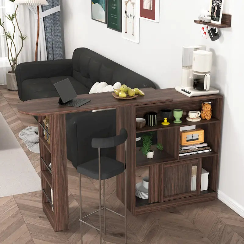 Counter Height Bar Cabinet with Rotating Top and 6 Storage Spaces