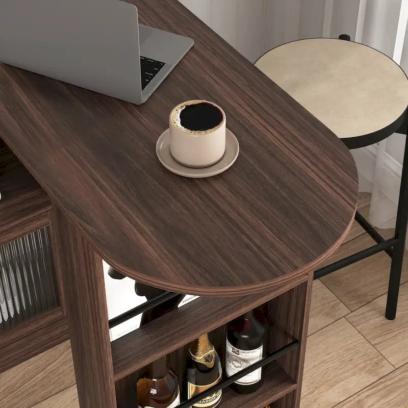 Counter Height Bar Cabinet with Rotating Top and 6 Storage Spaces