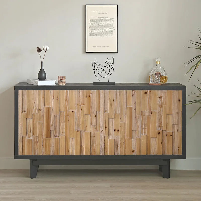 4-Door Storage Cabinet with Geometric Wood Panel Design