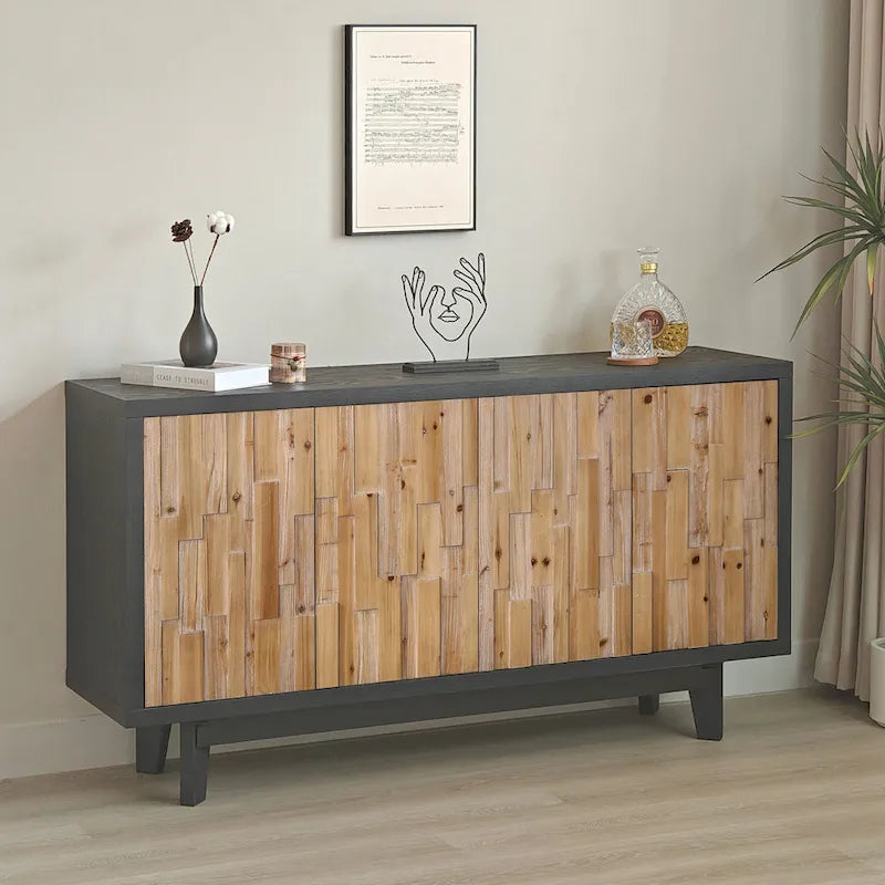 4-Door Storage Cabinet with Geometric Wood Panel Design