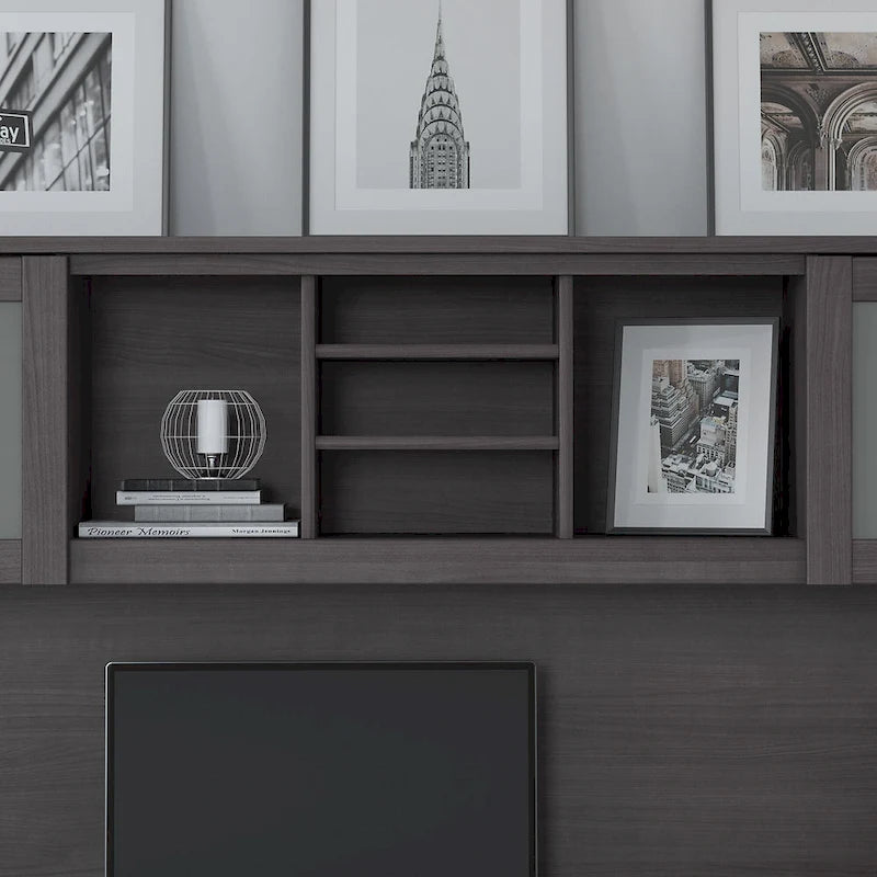 72-Inch Desk Hutch with Frosted Glass Doors and Open Shelves