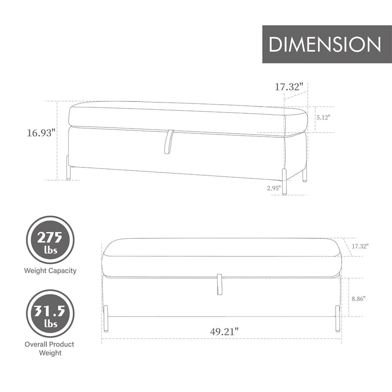 Velvet Storage Bench with Lift-Top Lid, 49-Inch