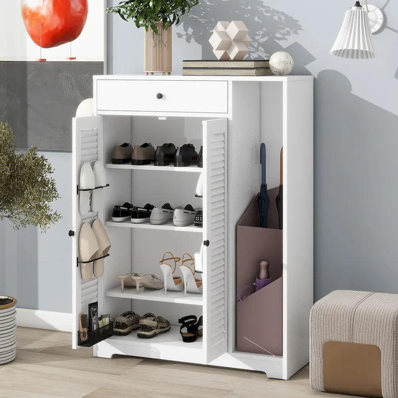 Freestanding Shoe Cabinet with 2 Shutter Doors, Adjustable Shelves and Top Drawer