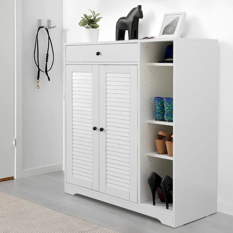 Freestanding Shoe Cabinet with 2 Shutter Doors, Adjustable Shelves and Top Drawer
