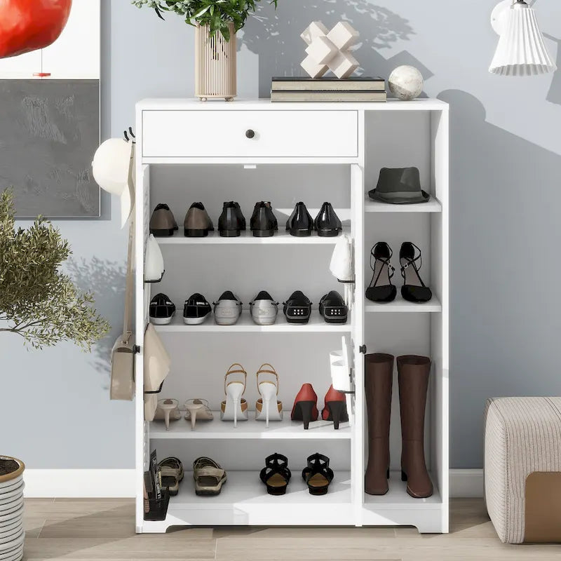 Freestanding Shoe Cabinet with 2 Shutter Doors, Adjustable Shelves and Top Drawer
