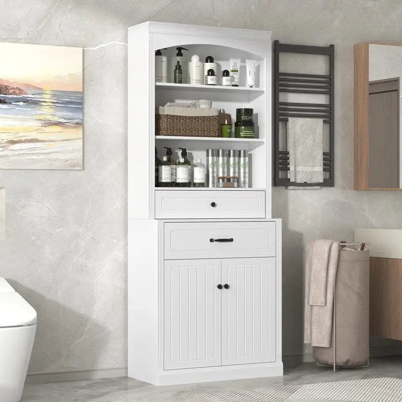 Tall Bathroom Storage Cabinet with 2 Doors, 2 Drawers, Adjustable Shelf & 3 Open Shelves