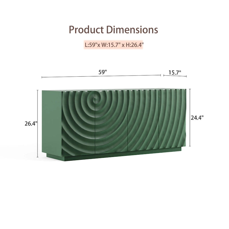 4-Door Sideboard Cabinet with Suspended Base, 59" W x 15.67" D x 26.46" H, Green