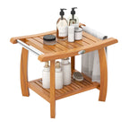 Teak Wood Shower Bench with 2-Tier Storage and Curved Seat
