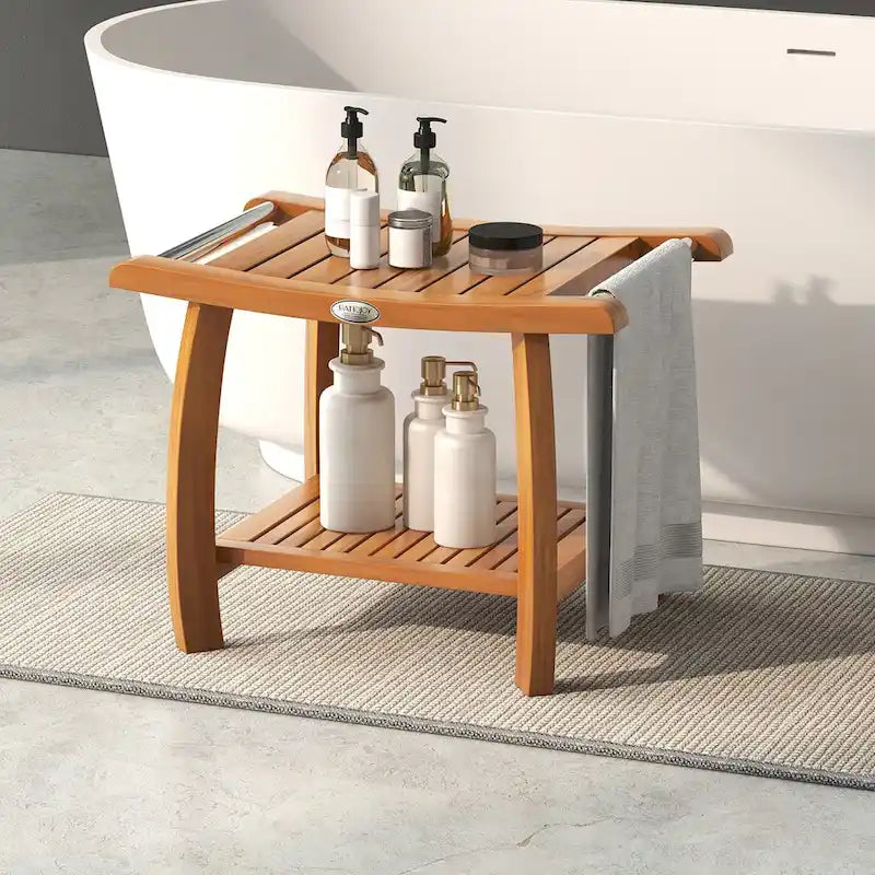 Teak Wood Shower Bench with 2-Tier Storage and Curved Seat