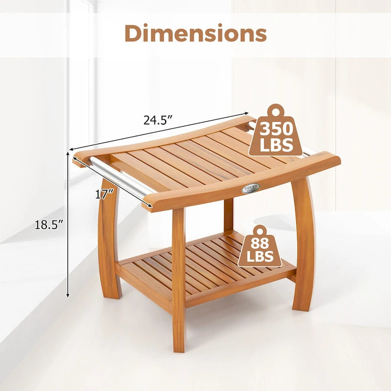Teak Wood Shower Bench with 2-Tier Storage and Curved Seat
