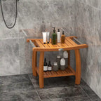 Teak Wood Shower Bench with 2-Tier Storage and Curved Seat