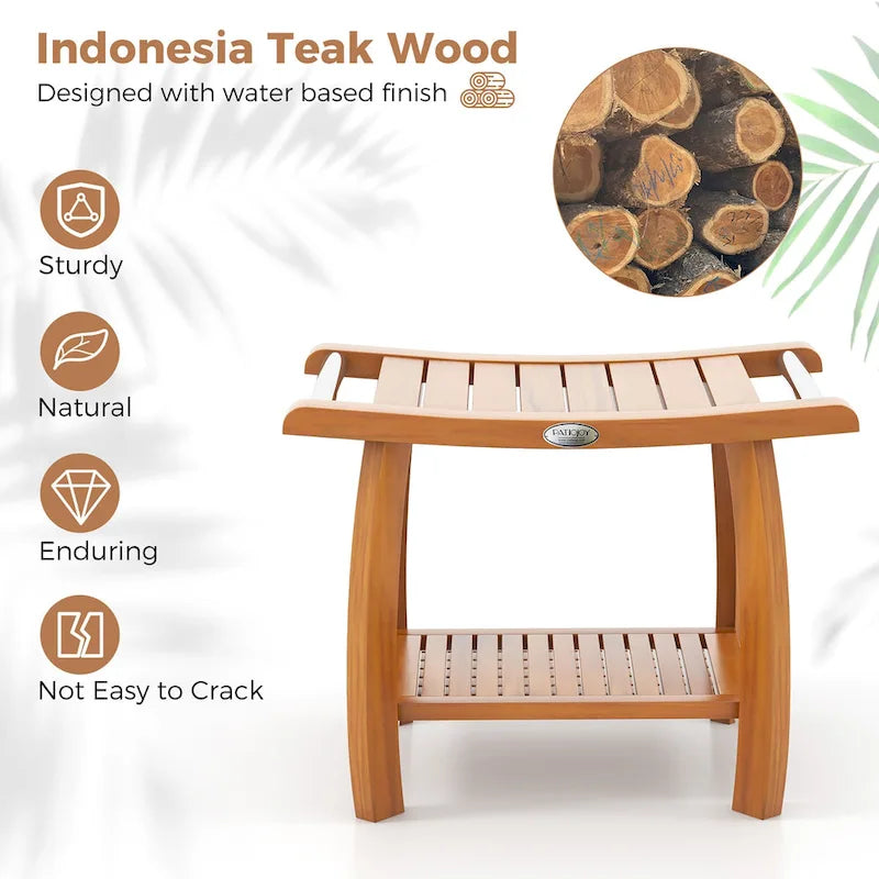 Teak Wood Shower Bench with 2-Tier Storage and Curved Seat
