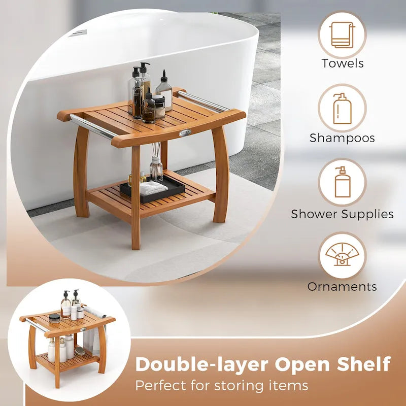Teak Wood Shower Bench with 2-Tier Storage and Curved Seat