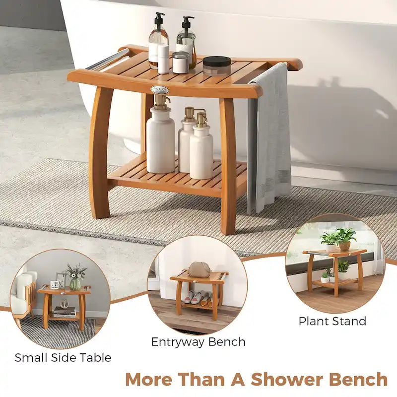 Teak Wood Shower Bench with 2-Tier Storage and Curved Seat