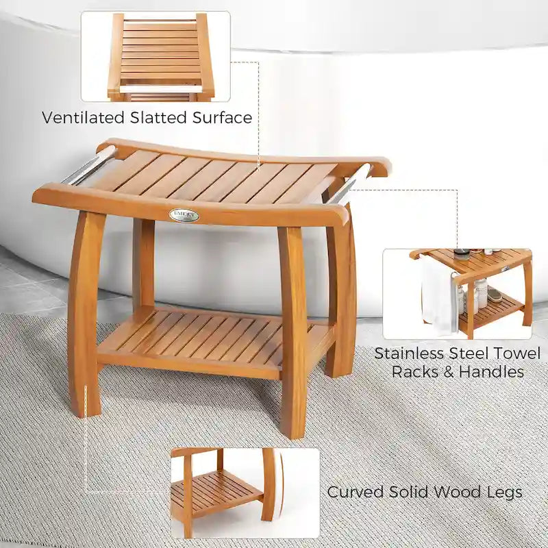 Teak Wood Shower Bench with 2-Tier Storage and Curved Seat