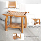 Teak Wood Shower Bench with 2-Tier Storage and Curved Seat