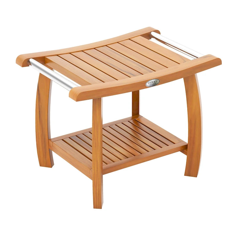 Teak Wood Shower Bench with 2-Tier Storage and Curved Seat