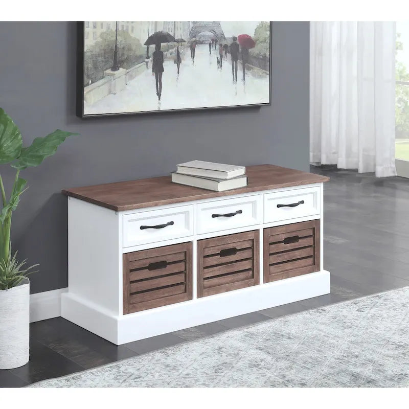 Two-Toned Storage Bench with Drawers and Wooden Baskets
