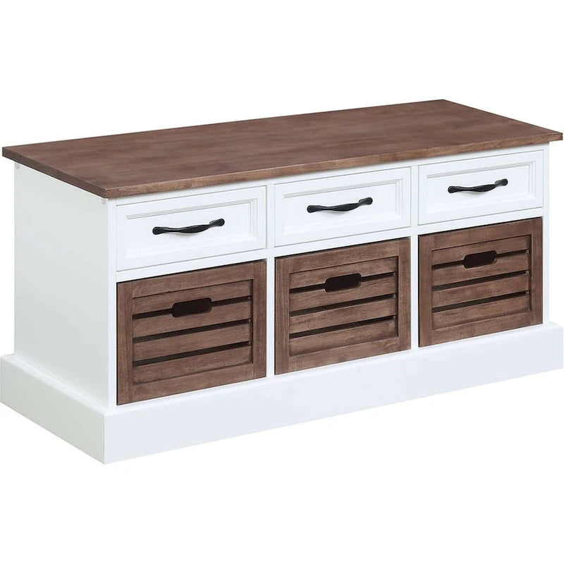 Two-Toned Storage Bench with Drawers and Wooden Baskets