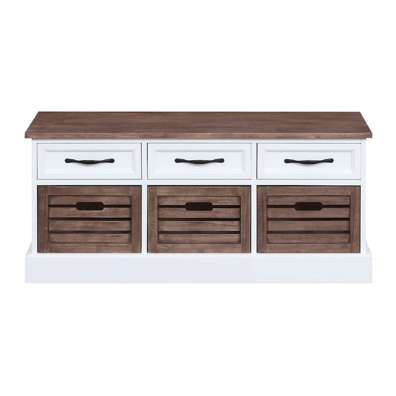 Two-Toned Storage Bench with Drawers and Wooden Baskets