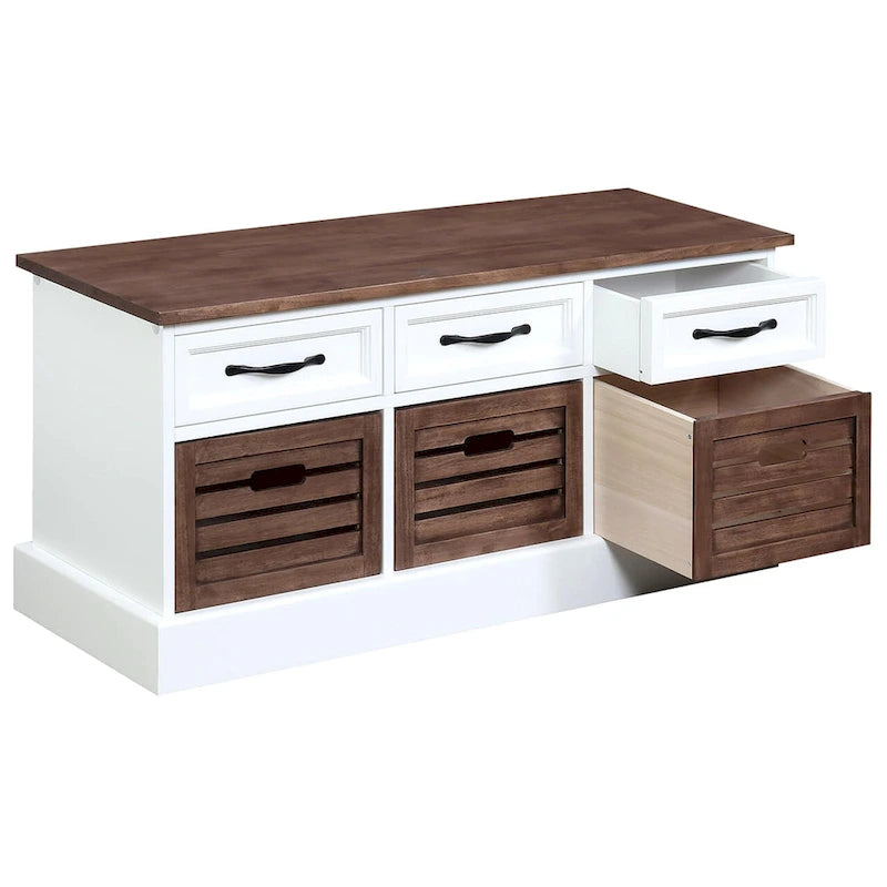 Two-Toned Storage Bench with Drawers and Wooden Baskets