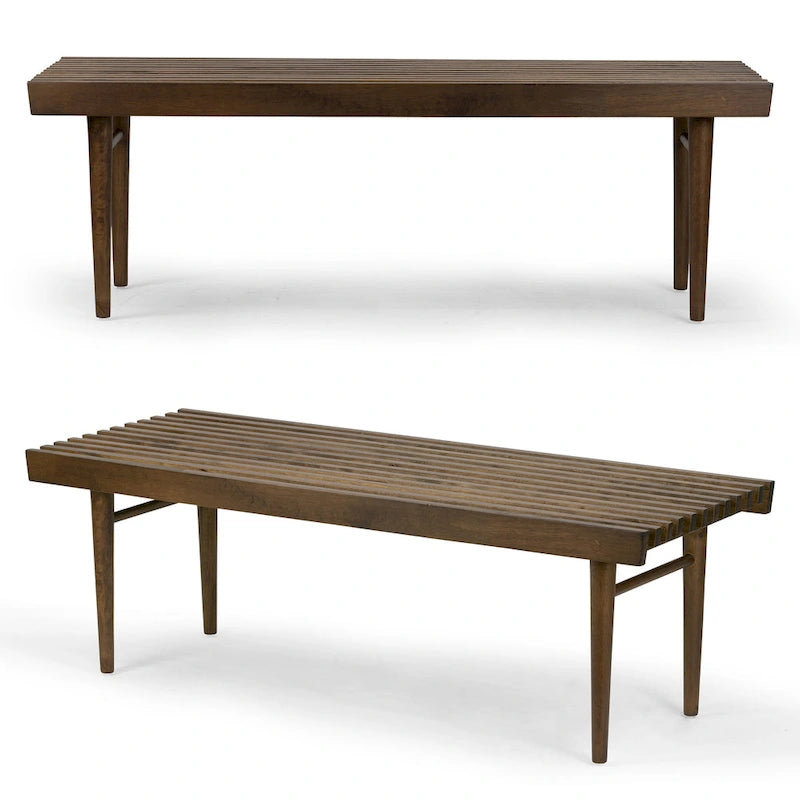 Slatted Wooden Bench with Walnut Finish
