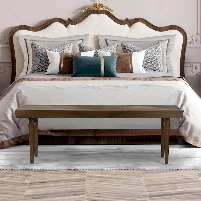 Slatted Wooden Bench with Walnut Finish