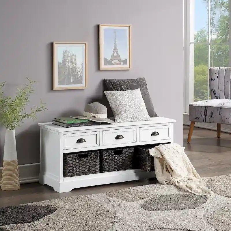 Wood Storage Bench with Drawers and Baskets