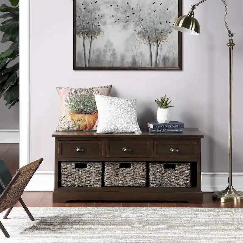 Wood Storage Bench with Drawers and Baskets