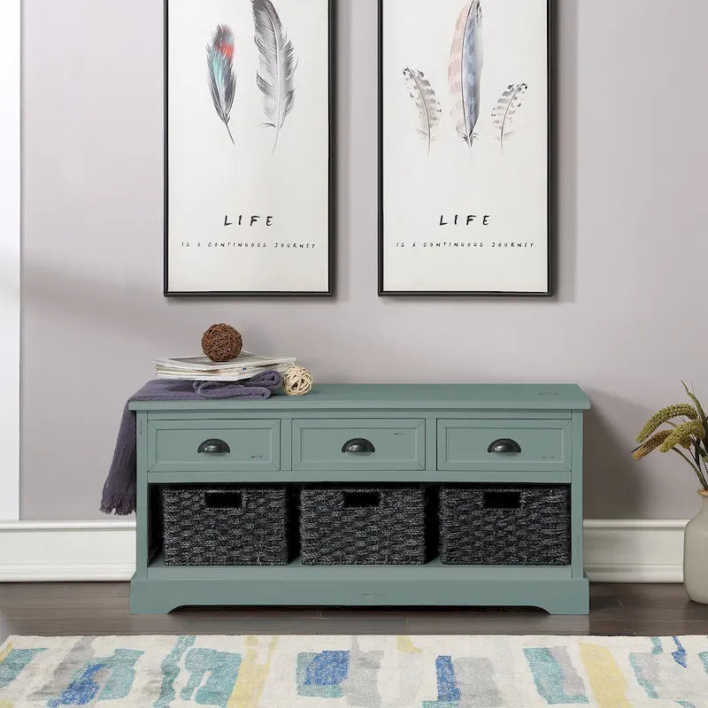 Wood Storage Bench with Drawers and Baskets