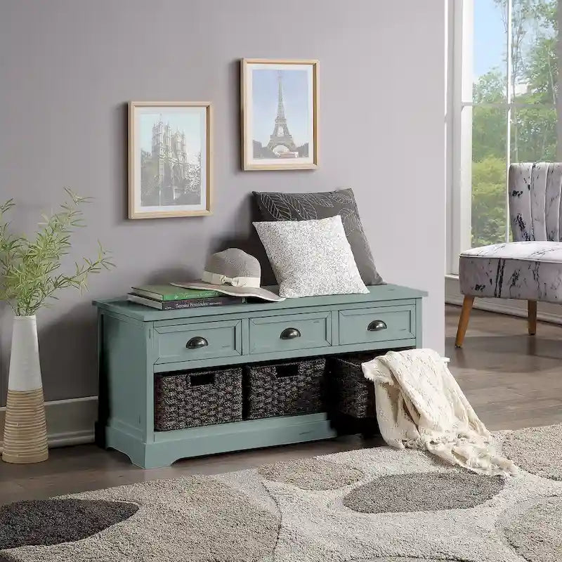 Wood Storage Bench with Drawers and Baskets
