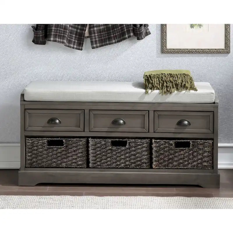 Wood Storage Bench with Drawers and Baskets