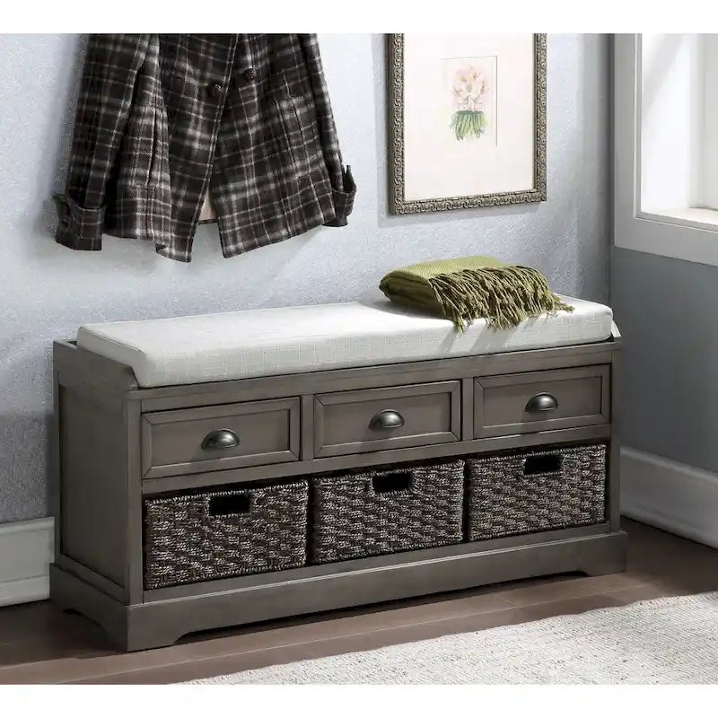 Wood Storage Bench with Drawers and Baskets