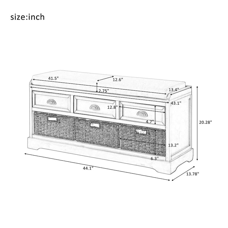 Wood Storage Bench with Drawers and Baskets