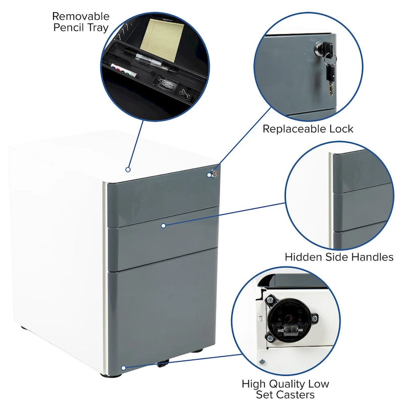 3-Drawer Mobile Filing Cabinet with Lock and Casters