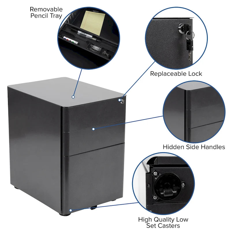 3-Drawer Mobile Filing Cabinet with Lock and Casters