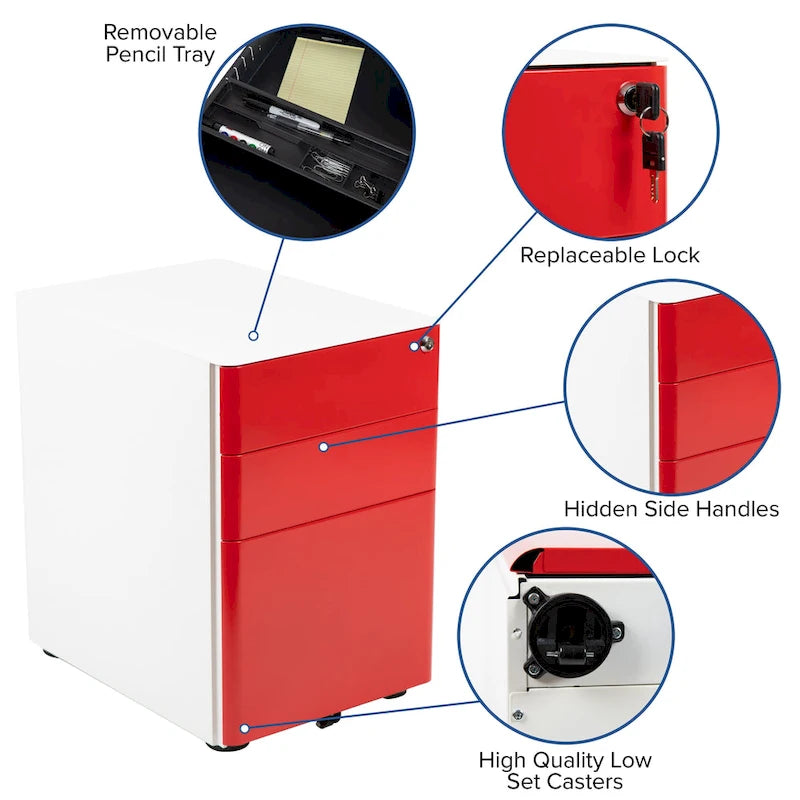 3-Drawer Mobile Filing Cabinet with Lock and Casters