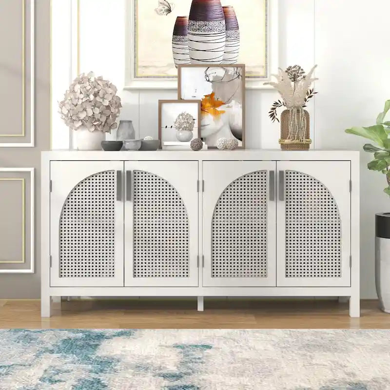 4-Door Storage Cabinet with Rattan Door Panels